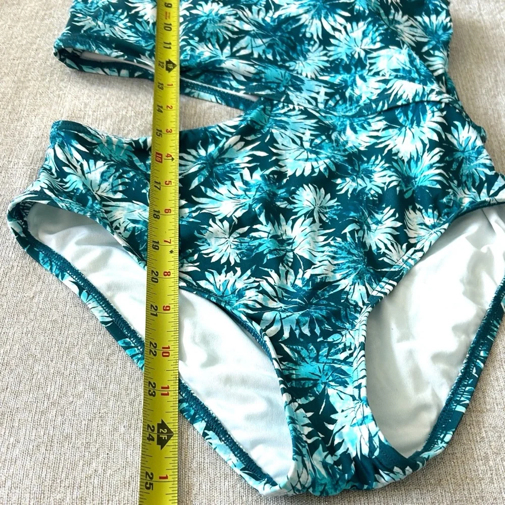 Michael Kors Swimsuit One Piece Cut Out Side One Shoulder Adjustable Teal Palms